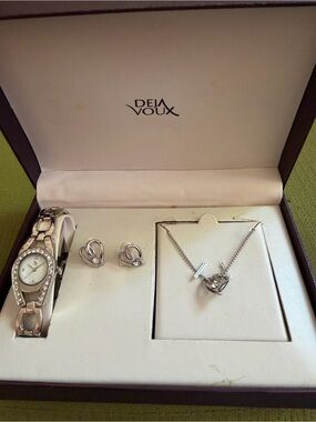 Deja Voux Silver Tone Rhinestone Watch, Necklace & Heart Earring Set w/ Box